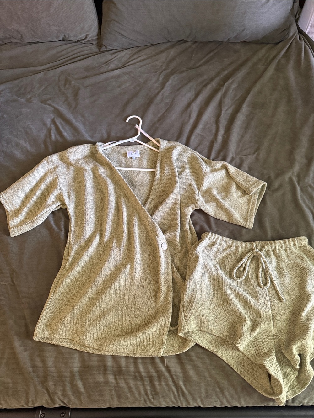Sabo Skirt Cozy Knit Wrap Top & Drawstring Short Set in Sage Green